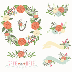 Rustic Wedding Floral Wreath. Set Perfect for card invitation, greeting card, wedding, mother's day and many more.