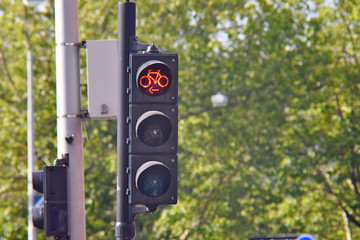 traffic light with red prohibitory signal for cyclists, city transport