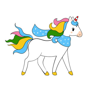 Illustration of beautiful running Christmas unicorn for children design. Rainbow hair. Isolated. Cute fantasy animal.