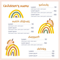 Kids menu with unicorns and rainbows. - 300581803