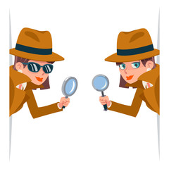 Detective female snoop magnifying glass tec peeking out corner search help noir cute character cartoon design isolated vector illustration