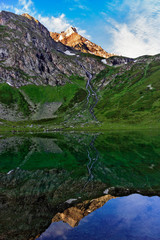 lake in the caucasus mountains on a summer morning