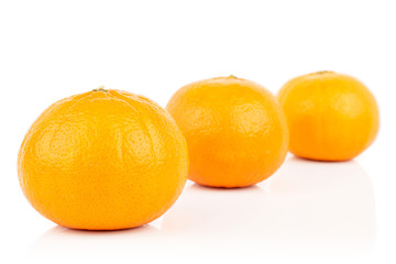 Group of three whole fresh orange mandarine in row isolated on white background