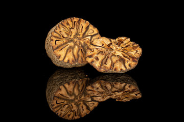Group of one half one piece of dry brown nutmeg isolated on black glass