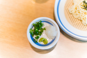 Cold soba with spring onion and wasabi
