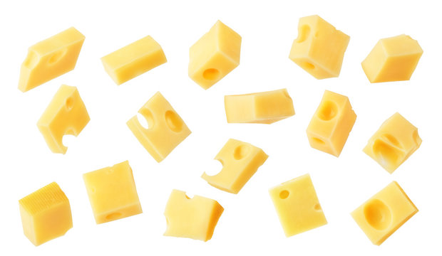 Hard Cheese Cubes Fall Isolated On White Background