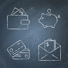 Chalkboard money and payments icon set in line style