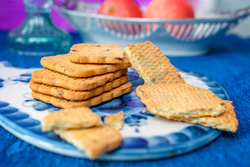 tasty cookies on blue background