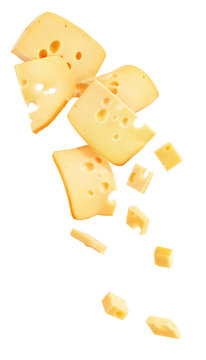 Hard cheese cut into strips and cubes isolated on a white background