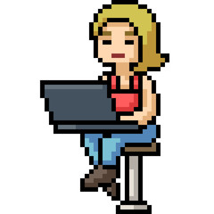 Fototapeta premium vector pixel art woman laptop
