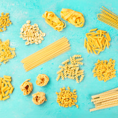 Italian pasta variety, square flatlay banner, top shot on a blue background