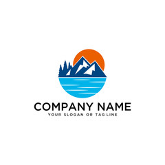 logo design mountains rivers and sun logo vector template