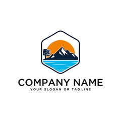 logo design mountains rivers and sun logo vector template