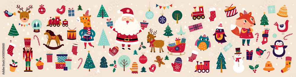 Wall mural christmas decorative banner with funny santa claus, nutcracker, locomotive and gift boxes and many o
