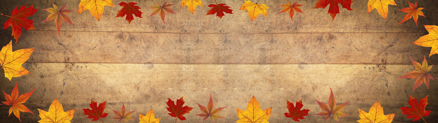 Naklejka na ściany i meble autumn – frame of colorful leaves isolated on a rustic brown wooden texture – background panorama banner long