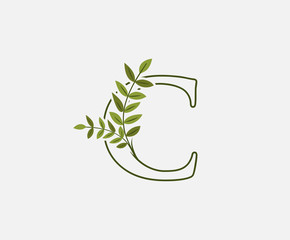 Green Letter C leaf icon logo design concept, floral logo icon design. hand drawn floral with letter.