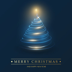 Merry Christmas, Happy Holidays Card - Dark Christmas Tree Shape Made from Glowing Spiraling Light - Bule and Golden
