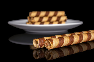 Group of eight whole crunchy beige hazelnut rolled wafer biscuit on white ceramic plate isolated on black glass