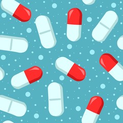 Blue and red medical dose remedy, seamless pattern. Illustration of white tablet pills.