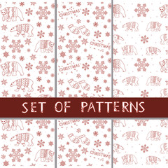 A set of vector seamless patterns with red linear bears, snowflakes and mittens Christmas and New Year