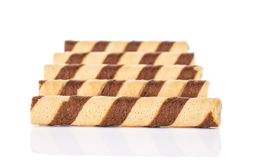 Group of five whole crunchy beige hazelnut rolled wafer biscuit isolated on white background