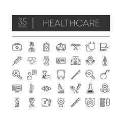 Naklejka premium Set of 35 line icons of healthcare for modern concepts, web and apps on white background. Vector illustration.