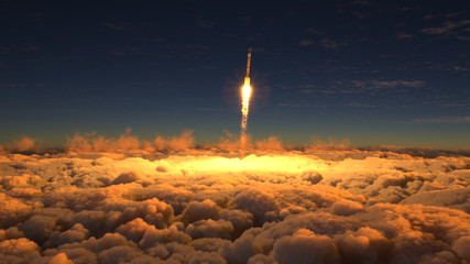 Rocket flies through the clouds on sunset
