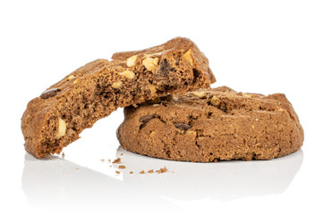 Group of one whole one half of sweet brown cookie isolated on white background