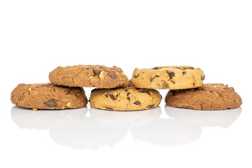Group of five whole sweet brown cookie isolated on white background