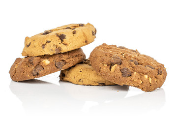Group of four whole sweet brown cookie isolated on white background
