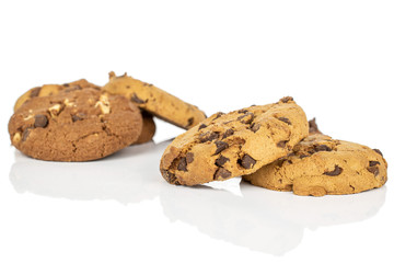 Group of five whole sweet brown cookie isolated on white background