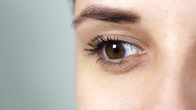 Macro image of human eye with contact lens. Woman's eye close-up. Human eye with long eyelashes with mascara. Cosmetics and makeup.