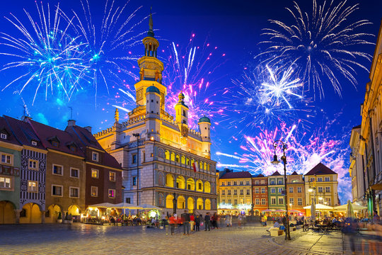 Firework display over the Main Square in Poznan, Poland.