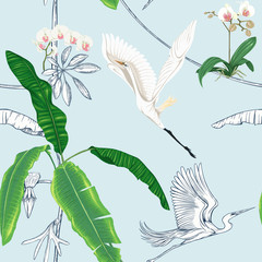 Seamless pattern, background. with tropical plants and flowers with white orchid and tropical birds on sky blue background.. Colored and outline design. Vector illustration..
