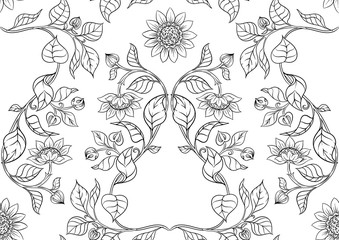 Fototapeta premium Sunflower. Seamless pattern background. Outline hand drawing vector illustration. In art nouveau style, vintage, old retro style