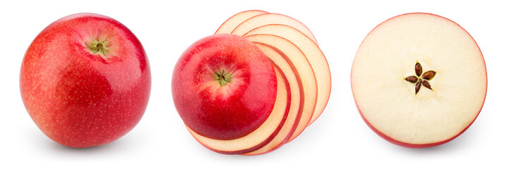 Red apple isolate. Apples on white background. Apple slice. Set with clipping path.