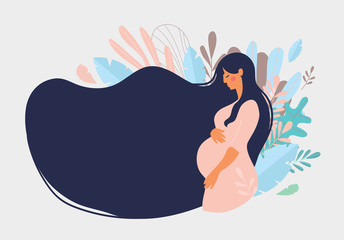 Cute pregnant woman with long hair on a background of blue leaves. The concept of pregnancy, motherhood, family. Flat design with copy space. Stock vector isolated on white background