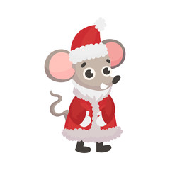 Cute little mouse in a suit of Santa Claus. Vector illustration.