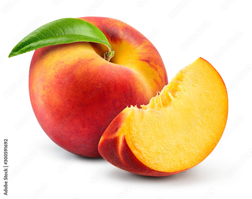 Wall mural peach isolate. peach slice. peach with leaf on white background. full depth of field. with clipping 