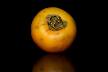 One whole sweet orange persimmon isolated on black glass