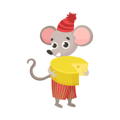 Cute little mouse with cheese. Vector illustration on a white background.