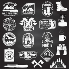 Set of outdoor adventure quotes symbol. Vector. Concept for shirt, print, stamp. Vintage design with hiking boots, binoculars, mountains, fishing bear, deer, tent and forest silhouette