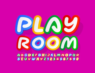 Vector colorful logo Playroom. Handwritten bright Font. Sticker Alphabet Letters and Numbers set