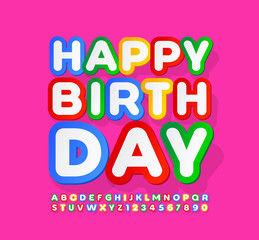 Vector Greeting Card Happy Birthday for Kids. Set of Colorful Alphabet Letters and Numbers. Bright Creative Font.