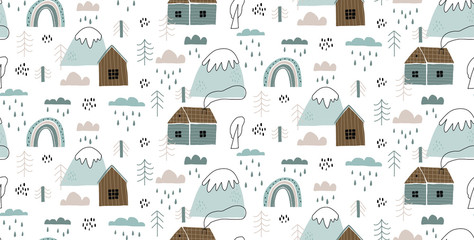 Vector seamless pattern with houses, mountains, trees, clouds, rain, and rainbow. Hand drawn in Scandinavian style design for kids. The concept for textiles, postcards, baby shower, babywear, nursery.