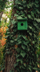 English ivy hedera climbing on tree with bird house feeder