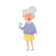 Smiling Grey-Haired Senior Woman Standing and Drinking Water From Glass Vector Illustration
