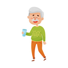 Smiling Grey-Haired Senior Man Standing and Holding a Glass of Water in His Hands Vector Illustration