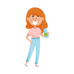 Young Red-haired Girl Character Standing and Drinking Still Water From Bottle Vector Illustration