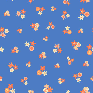 Ditsy summer flowers vector pattern. Scattered orange pink yellow florals on royal blue seamless vector background. Scandinavian style flat flowers texture. Use for fabric, kids decor, digital paper